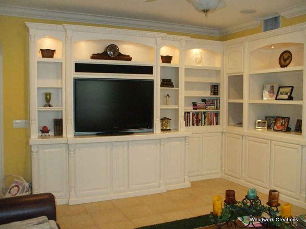 Custom, corner, built in wall unit in white lacquer | C & L Design Specialists Inc