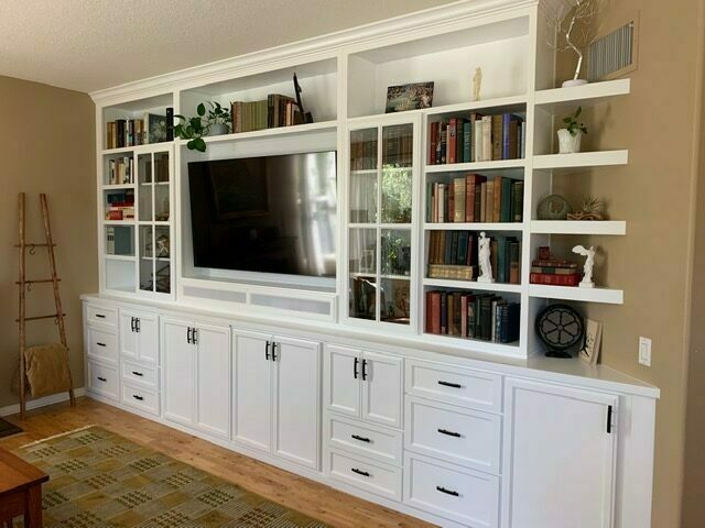 Lacquer white finished projectt with floating shelves.